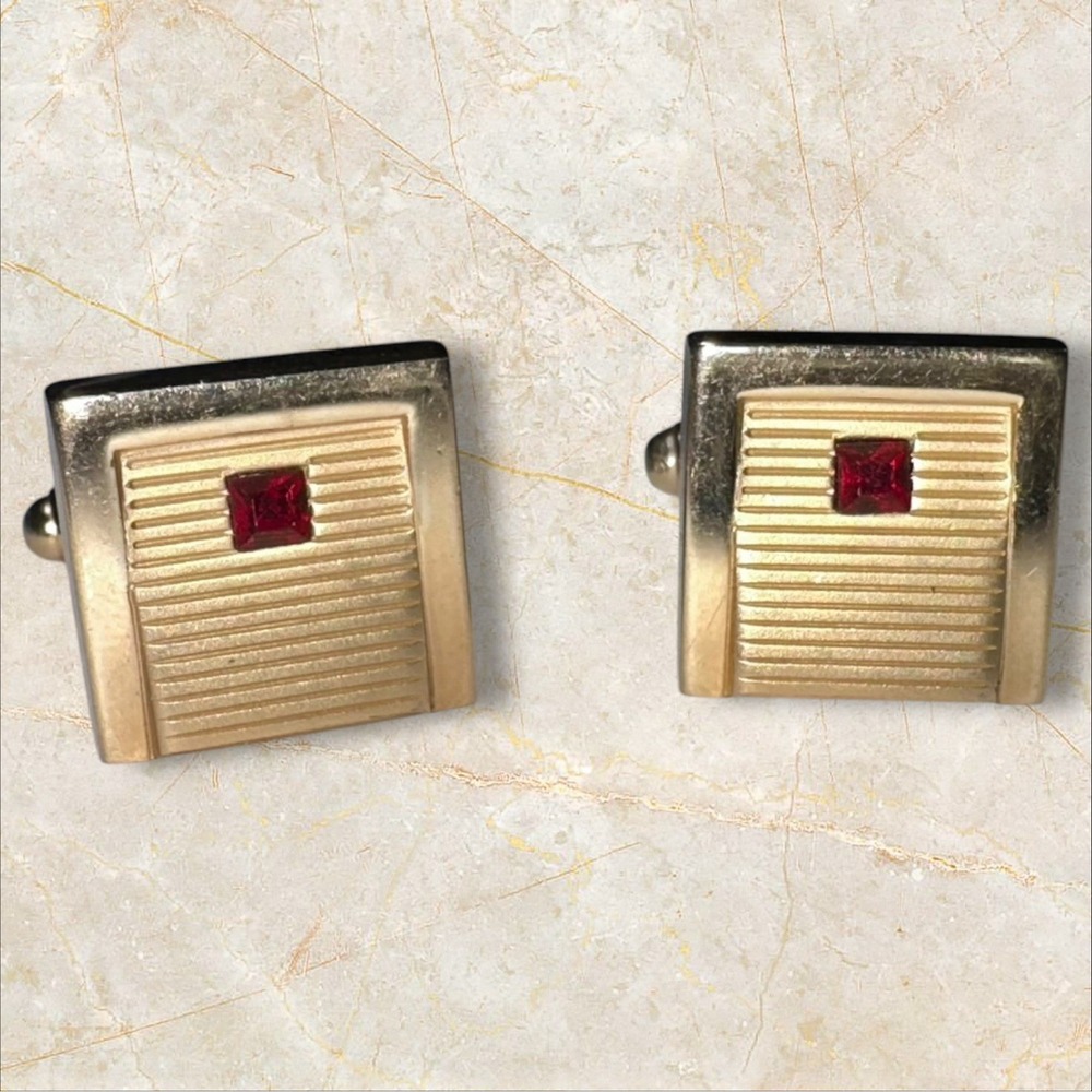 Vintage Anson Gold Tone and Red Stone Square Textured Cuff Links